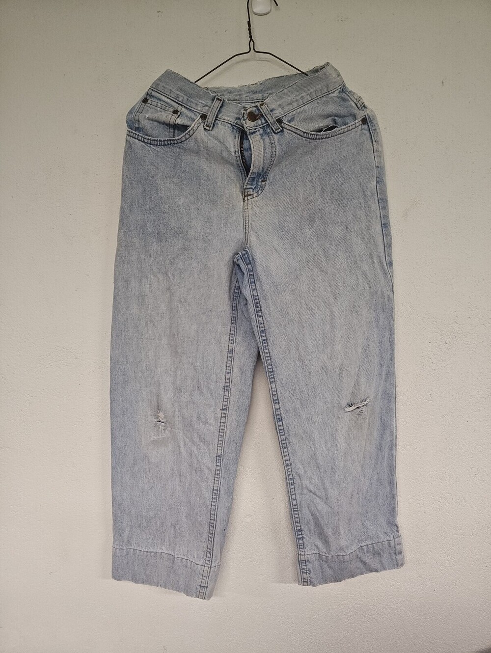Vintage L.L.Bean Double L Wide Leg Jeans 28” Light Wash Distressed Cropped Denim